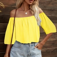 Yinmgmhj жени дами горна риза лято сандък със солиден цвят ежедневно горно студено рамо половин ръкав горна риза жълто+s