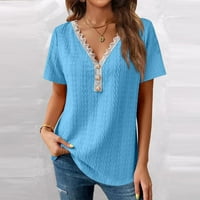 Женски V-образно деколте дантелено сплайсиране на тениска с къс ръкав модна оребрена горна пуловер син xxl