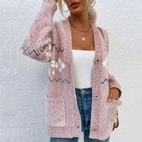 Жени зимно яке- моден ежедневен дълъг ръкав плетен дълъг кардиган върхове блуза палто розово m