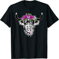 Дамски шотландски високопланински крава говеда космати крави цветя жена тениска черен тройник