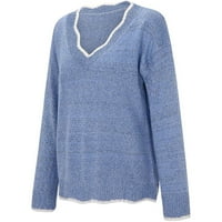 Scyoekwg пуловери за жени модни ретро бродирани v Врат падащ пуловер Небрежен пуловер с дълъг ръкав #b = син l