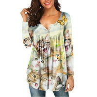 Флорални върхове женски отпечатани плисирани разхлабени тениска с дълъг ръкав блуза бутон Хенли риза Небрежни върхове на туника