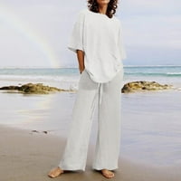 Ploknplq съвпадащи комплекти за женски панталони жени женски солиден цвят O шия с къс ръкав отгоре + панталони, поставени женски върхове бяло l
