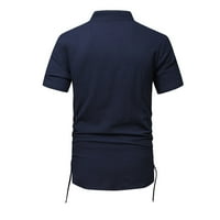 B91XZ Мъжки ризи Мъжки пролетта лятна стойка яка с къс ръкав джоб джобни плътни цветни памучни бельо Tassel Top Navy, размер l