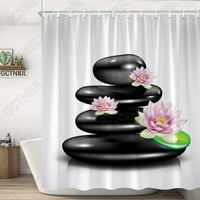 Черна каменна кула Zen душ завеса спа декор лотос лилаво орхидея цвете и бамбук плат плат Баня за баня аксесоар комплект