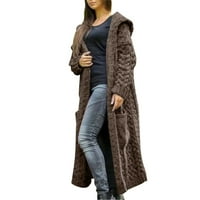 Жилетка за жени ежедневни зимни солидни плетени разхлабени качулки с дълъг пуловер джобно палто