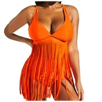 бикини дамски секси разцепени високи талия твърд цвят пискюл с сутиен бански костюм оранжев S