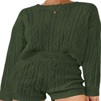 Женски ежедневни пуловерни комплекти с дълъг ръкав кабел плетен пуловер и шорти за шорти на пот -костюми