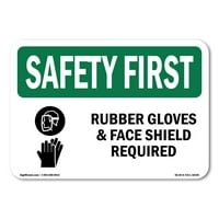 Първи знак за безопасност - гумени ръкавици и щит за лице, необходими със символ