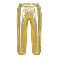 Деца момиче лъскави метални панталони с висока талия със суитчъри злато 12