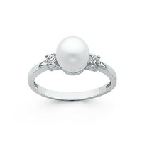 Солидна 14k бяло злато Pearl & Cubic Zirconia CZ модна годишнина с размер на пръстена 12