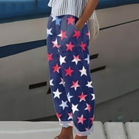 Жени панталони ежедневни дребни на женски небрежен ден на независимостта Американски флаг отпечатъци панталони торбисти еластичен панталон с панталон за крак с джобна мода високи прави панталони Панталони