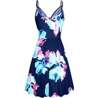 Просвета летни рокли за жени, отпечатани с v-образно слънчева рокля къса модна рокля без ръкави, синя xl