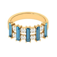 CT London Blue Topaz и диамантен пръстен за жени, Baguette Cut London Blue Topaz Половин вечен пръстен, 14K жълто злато, US 4.00
