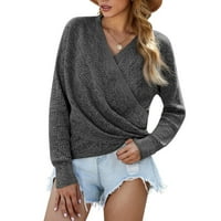 YSKKT Женски плетен пуловер пуловер V-образно деколте с дълъг ръкав пуловер с дълъг ръкав преден пуловер за предни пуловер