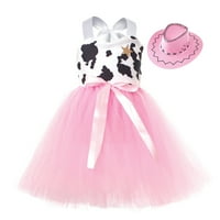 Uuszgmr момичета сладки рокли малко дете момиче без ръкави крави отпечатъци принцеса пола парти с шапка комплект ежедневно