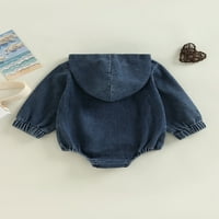 Amiliee Toddler Baby Girls Boys Jeans Romper с качулка с дълъг ръкав бутон Bodysuit