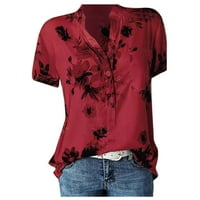Жени плътно прилепнали ризи с къс ръкав за свободното време Хенли Блуза плюс размер върхове Red 5xl
