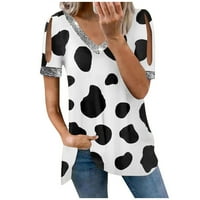 Отпечатана блуза с къси ръкави Блузи Небрежни върхове V-образно деколте за жени крави модел 2xl