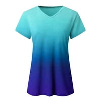 Женски ризи за работа с къс ръкав небрежен градиент V-образен дишащ разхлабена тениска летни върхове синьо