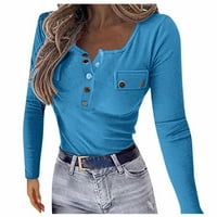 Дамски върхове дълги ръкав небрежен блуза отпечатани жени тениски Henley Summer Blue 2XL