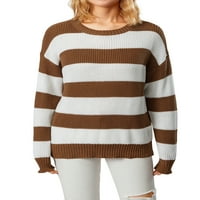 Жени модни диви пуловер контраст цветна ивица кръгла шия с дълъг ръкав плетен пуловер есен зима свободни ежедневни върхове